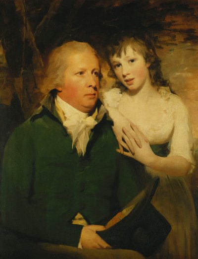 Retrato de Sir Alexander Don, sentado de medio cuerpo, con un abrigo verde y su hija Elizabeth apoyada en su hombro de Henry Raeburn