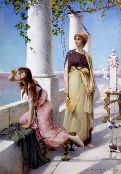 "Mujeres jóvenes oteando el horizonte desde su terraza en estilo antiguo. Pintura de Henry Ryland (1856-1924) 1910 Colección particular de Henry Ryland