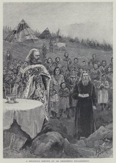 Un servicio religioso en un campamento de Orozhanni (litografía) de Henry Sandham