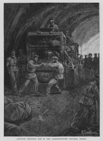 Convictos moliendo centeno en la Prisión Central de Alexandrofski (litografía) de Henry Sandham