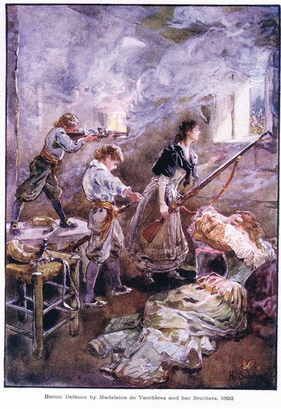 Defensa heroica de Madeleine de Vercheres y sus hermanos 1692, c.1920 de Henry Sandham