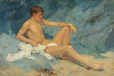 Un desnudo masculino reclinado sobre rocas de Henry Scott Tuke