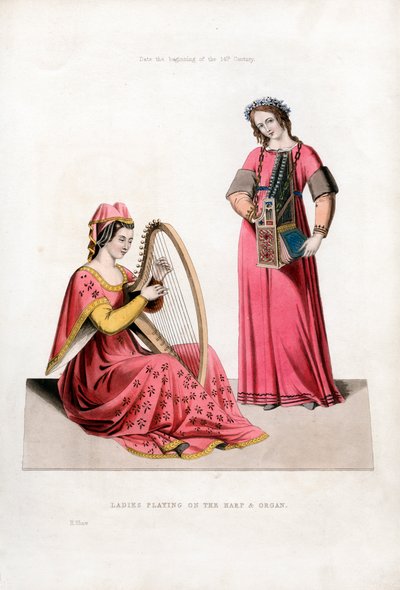 Damas tocando el arpa y el órgano, principios del siglo XIV, 1843 de Henry Shaw