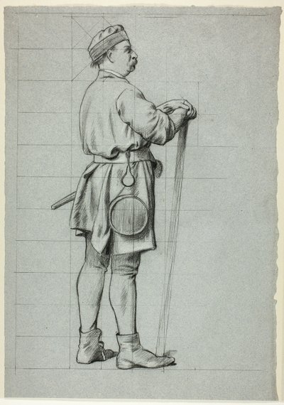 Hombre de pie con las manos apoyadas en un bastón de Henry Stacy Marks