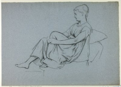 Mujer descansando contra las almohadas agarrándose la rodilla de Henry Stacy Marks
