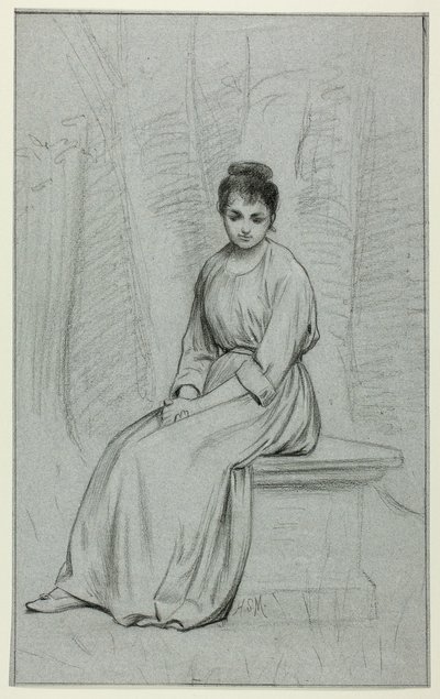 Mujer descansando en un banco de piedra de Henry Stacy Marks