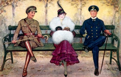 Niña en un banco, con un soldado y un marinero a cada lado de Henry Stephen Ludlow