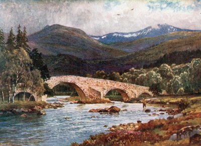 Old Mar Bridge y Lochnagar, Aberdeenshire (litografía en color) de Henry Sutton Palmer