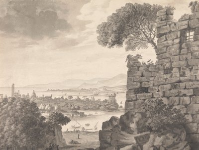 Paisaje con ruinas en primer plano, puerto y pueblo, al fondo de Henry Swinburne