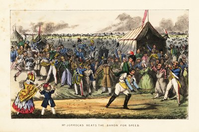 Caballeros ingleses apostando en una carrera a pie inusual durante una reunión de carreras de caballos en el Champs de Mars, París de Henry Thomas (after) Alken
