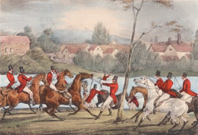 Mytton nada por el Severn en Uppington Ferry: "El que se llame a sí mismo deportista, ¡que me siga!". (litografía) de Henry Thomas (after) Alken
