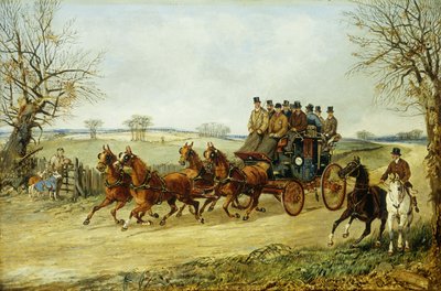 Un coche y cuatro en un camino otoñal de Henry Thomas Alken