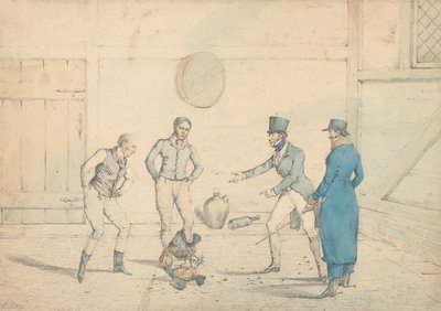 Una pelea de gallos observada por cuatro hombres en una dependencia: La pelea, grabada como lámina 39 en "The National Sports of Great Britain" de Henry Thomas Alken