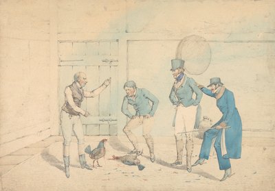Una pelea de gallos contemplada por cuatro hombres en una dependencia: La muerte, grabada como lámina 40 en «The National Sports of Great Britain» de Henry Thomas Alken
