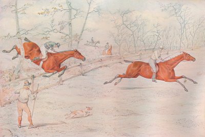 Una carrera de obstáculos: Cubriendo una fuerte valla de bueyes. ¡Caído por cien!, 1927 de Henry Thomas Alken