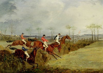 Una carrera de obstáculos, saltando un seto y una zanja de Henry Thomas Alken