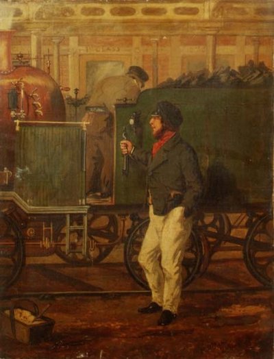 Un maquinista junto a una locomotora de Henry Thomas Alken