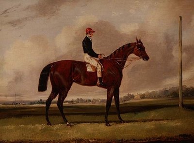 Caballo de carreras bayo con un jinete en un hipódromo de Henry Thomas Alken