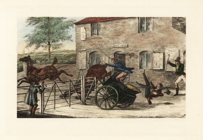 Caballeros ingleses en un carruaje de dos caballos tratando de saltar una barrera de peaje. de Henry Thomas Alken