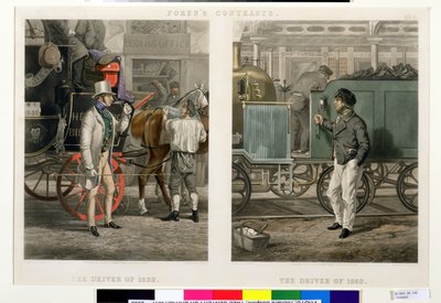 Contrastes de Fore: El conductor de 1832, El conductor de 1852, grabado por John Harris (1811-65) 1852 de Henry Thomas Alken