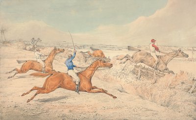 Carreras de obstáculos: cuatro jinetes se enfrentan a una zanja y a un oxer de Henry Thomas Alken
