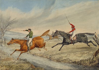 Carrera de obstáculos: Tres jinetes cruzando un arroyo de Henry Thomas Alken