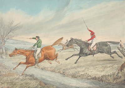 Carrera de obstáculos: tres jinetes cruzan un arroyo de Henry Thomas Alken