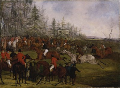 La gran carrera de obstáculos de Leicestershire, 12 de marzo de 1829: El poste de llegada y Billesdon Coplow de Henry Thomas Alken