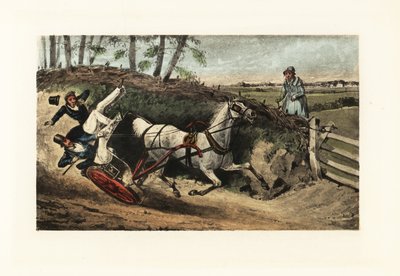 Caballeros ingleses victorianos arrojados desde un carro de un solo caballo en un cou de Henry Thomas Alken