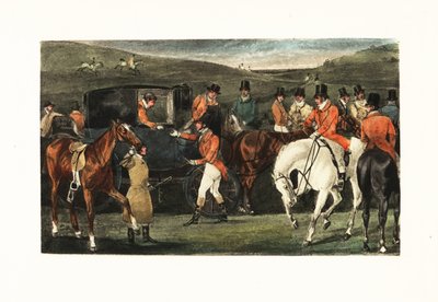 Caballeros victorianos a caballo reunidos para una cacería de ciervos. de Henry Thomas Alken