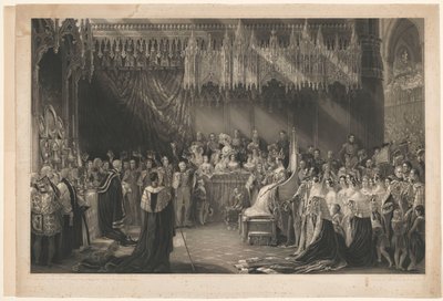 Coronación de la Reina Victoria de Inglaterra. A George Hayter, dirección de Graves y Warmsby. Se adjunta boceto xilográfico y leyenda de Henry Thomas Ryall
