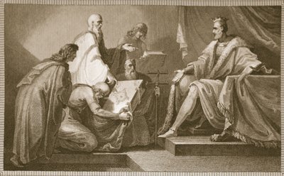 Libro del Juicio Final presentado a Guillermo I, grabado por J. Fittler, ilustración de 