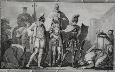 Henry y Lewis conduciendo al Papa al castillo de Torci, grabado por Saunders, ilustración de 