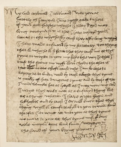 Facsímil de una carta de Enrique VIII al Cardenal Wolsey fechada en julio de 1518, pub. 1902 de Henry VIII