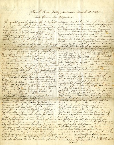 Carta firmada Henry [Henry Voelkner], Valle de Brush Creek, Arkansas, a sus padres, hermanos y hermanas, 18 de marzo de 1862 de Henry Voelkner