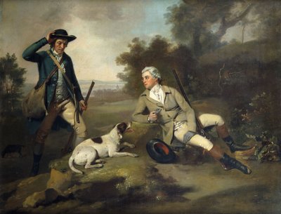 Un caballero reclinado con un arma y un perro y su guardabosques de pie cerca de Henry Walton