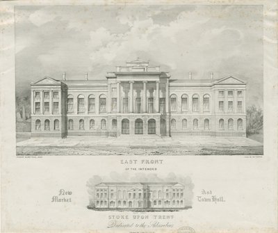 Stoke-upon-Trent - Nuevo mercado y ayuntamiento previsto: litografía, nd [c 1834] de Henry Ward