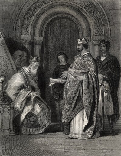 Enrique II presentando la bula papal al arzobispo de Cashel, grabado por G. Greatbach de Henry Warren