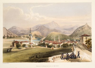 Irún, con el monte San Marcial y el puente de Capuchinos, de Bocetos de paisajes en las provincias vascas de España, con una selección de música nacional, pub. 1838 de Henry Wilkinson