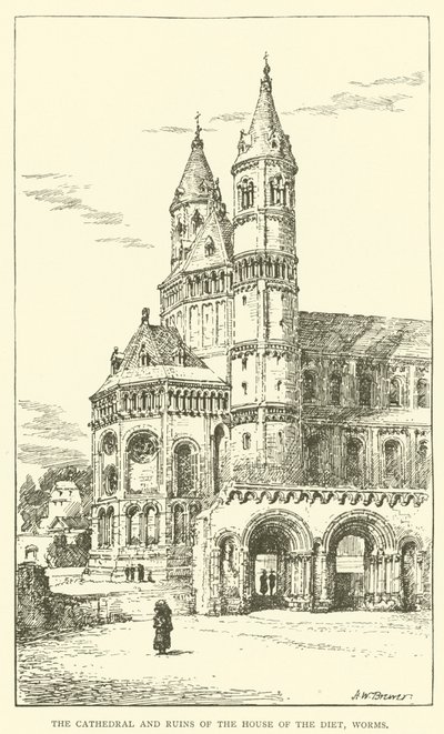 La Catedral y las Ruinas de la Casa de la Dieta, Worms (grabado) de Henry William Brewer
