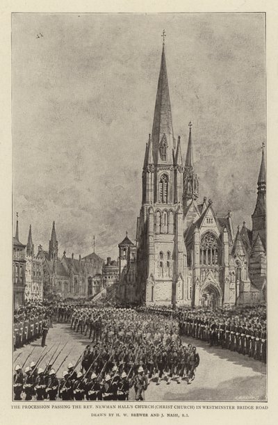 La Procesión pasando por la Iglesia del Reverendo Newman Hall (Iglesia de Cristo) en Westminster Bridge Road de Henry William Brewer