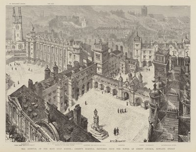 La Remoción de la Escuela del Abrigo Azul, Hospital de Cristo esbozado desde la Torre de la Iglesia de Cristo, Newgate Street de Henry William Brewer