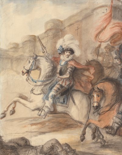 Un oficial de caballería (Enrique IV) lidera una carga frente a un castillo de Henry William Bunbury