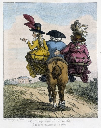 Yo con mi esposa y mi hija - en Caricaturas inglesas sobre las costumbres de montar a caballo, ilustrado por H. W. Bunbury, ed. John Stockdale de Henry William Bunbury