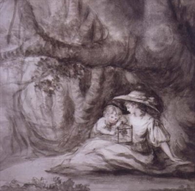 Mujer sentada y niño con un pájaro enjaulado de Henry William Bunbury