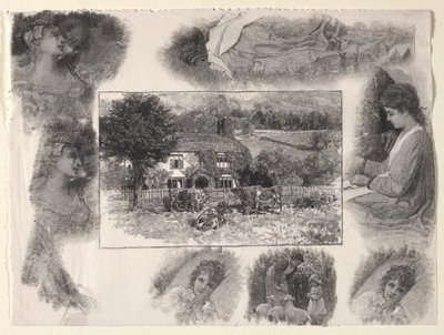 Paisaje con cabaña y vacas rodeado de varios bocetos de Henry Wolf