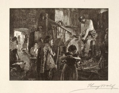 Afilar herramientas en una herrería de pueblo de Henry Wolf