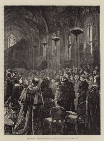 SAR el Príncipe Arturo develando la Ventana Memorial de Albert en Guildhall de Henry Woods