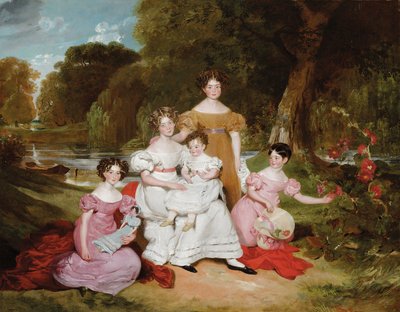 Retrato de grupo de la familia Ward Hunt en un paisaje ante un río de Henry Wyatt