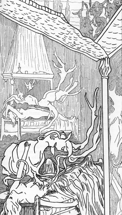 Íncubos (ángeles dechados por la lujuria, se convierten en demonios y buscan gozar de las mujeres cuando sueñan o tienen sueño) y súcubos (demonios femeninos que gozan de los hombres durante el sueño) (incubus y succubus) Dibujo de Henry de Malvost extraíd de Henry de Malvost